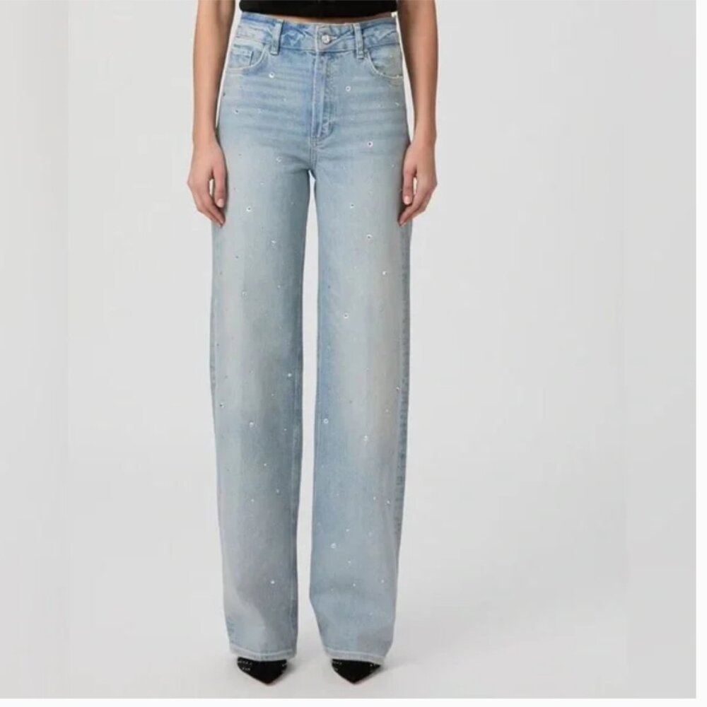 NWT Paige Sasha High Rise Wide Leg Jeans Eza Rhinestone Crystal Embellished 32